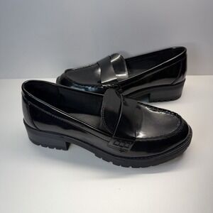 Old Navy Black Faux Leather Chunky Heel Loafers Women's Size 6 New